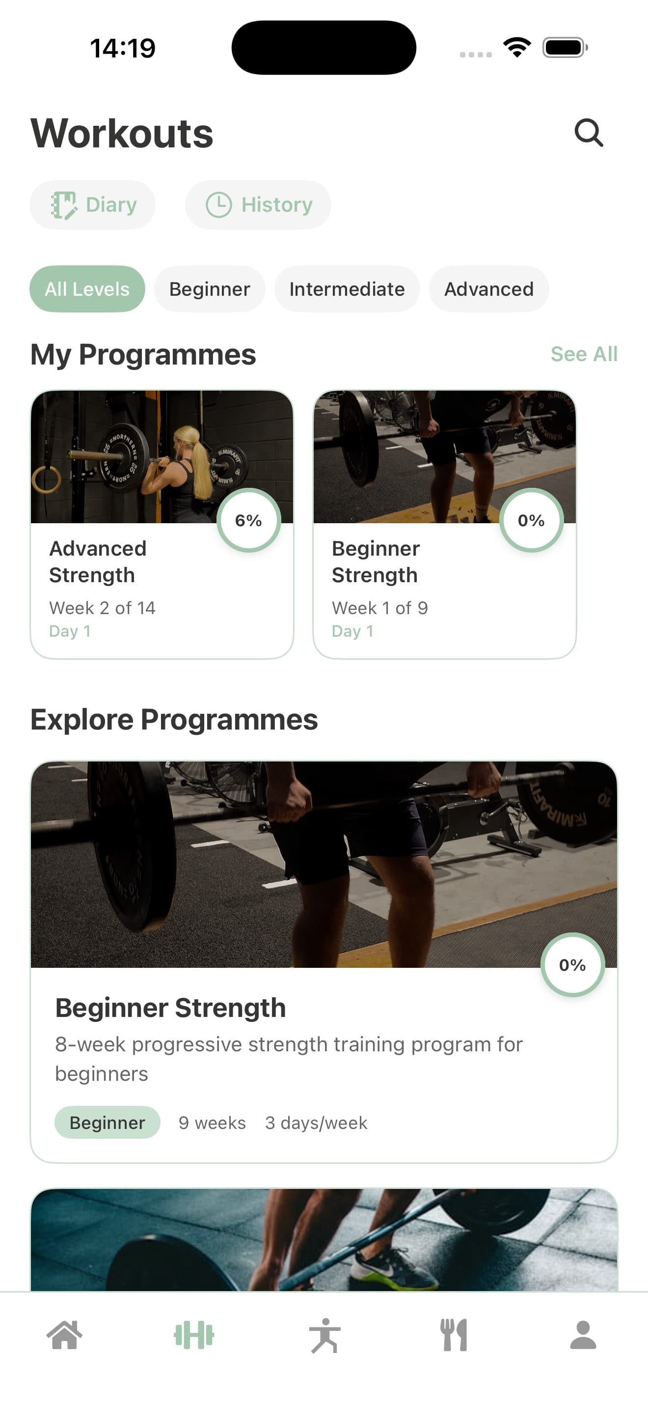 Trilogy Health workouts screen